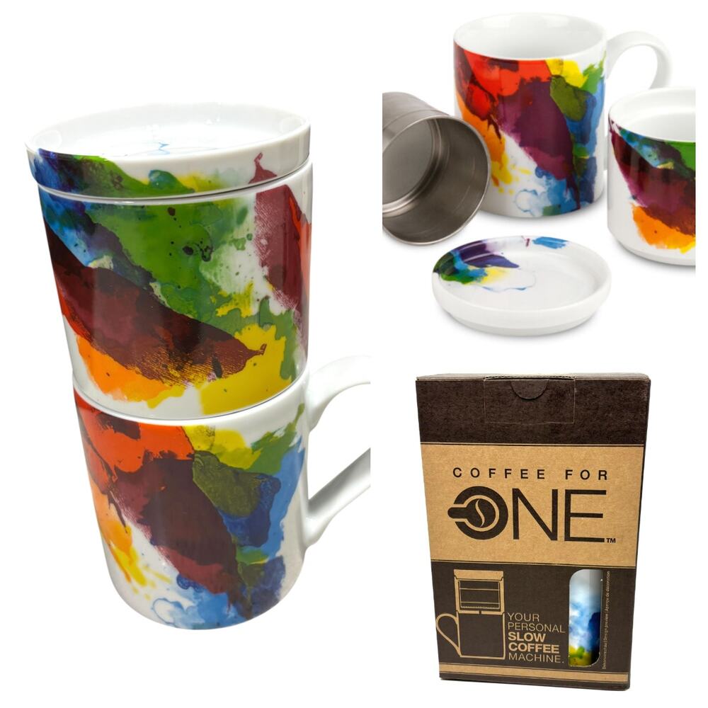 Nw Konitz Coffee For One Mug with Lid Individual Coffee Maker Rainbow Watercolor